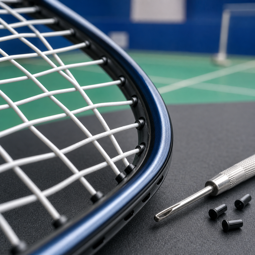 Badminton racket grommets and string protection close-up