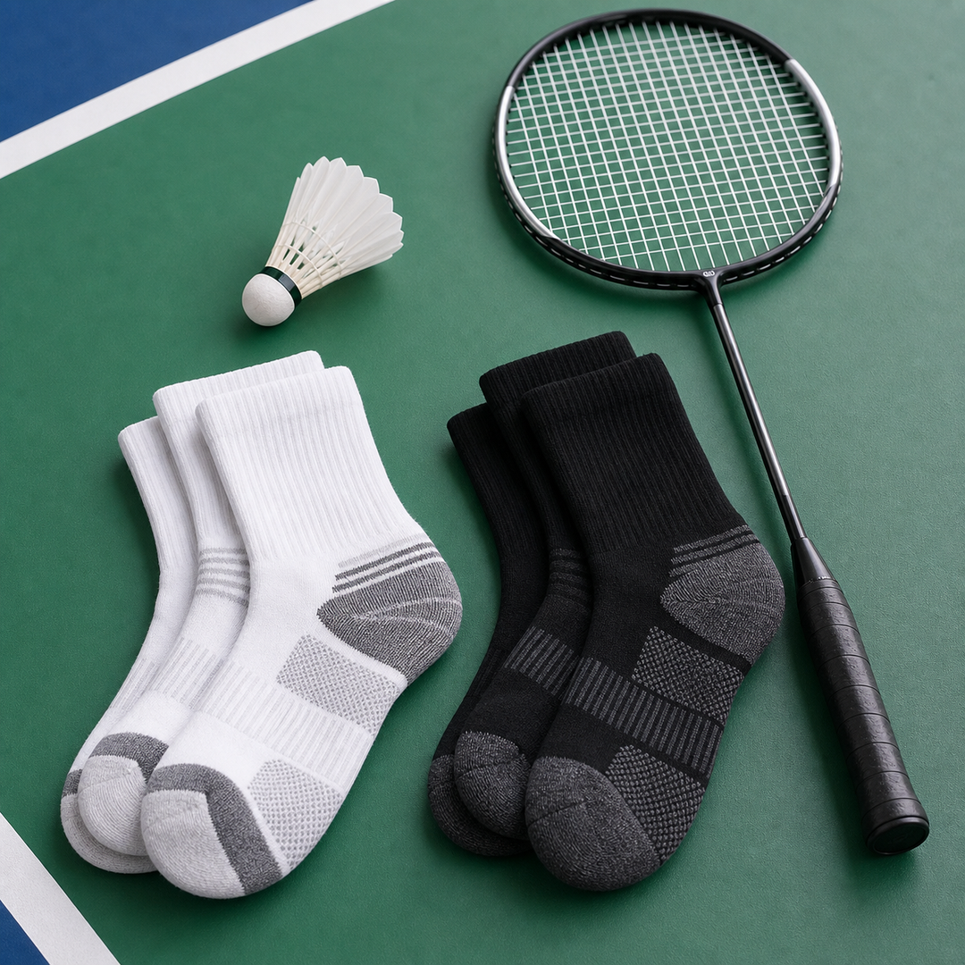 Badminton performance socks with racket and shuttlecock on indoor court