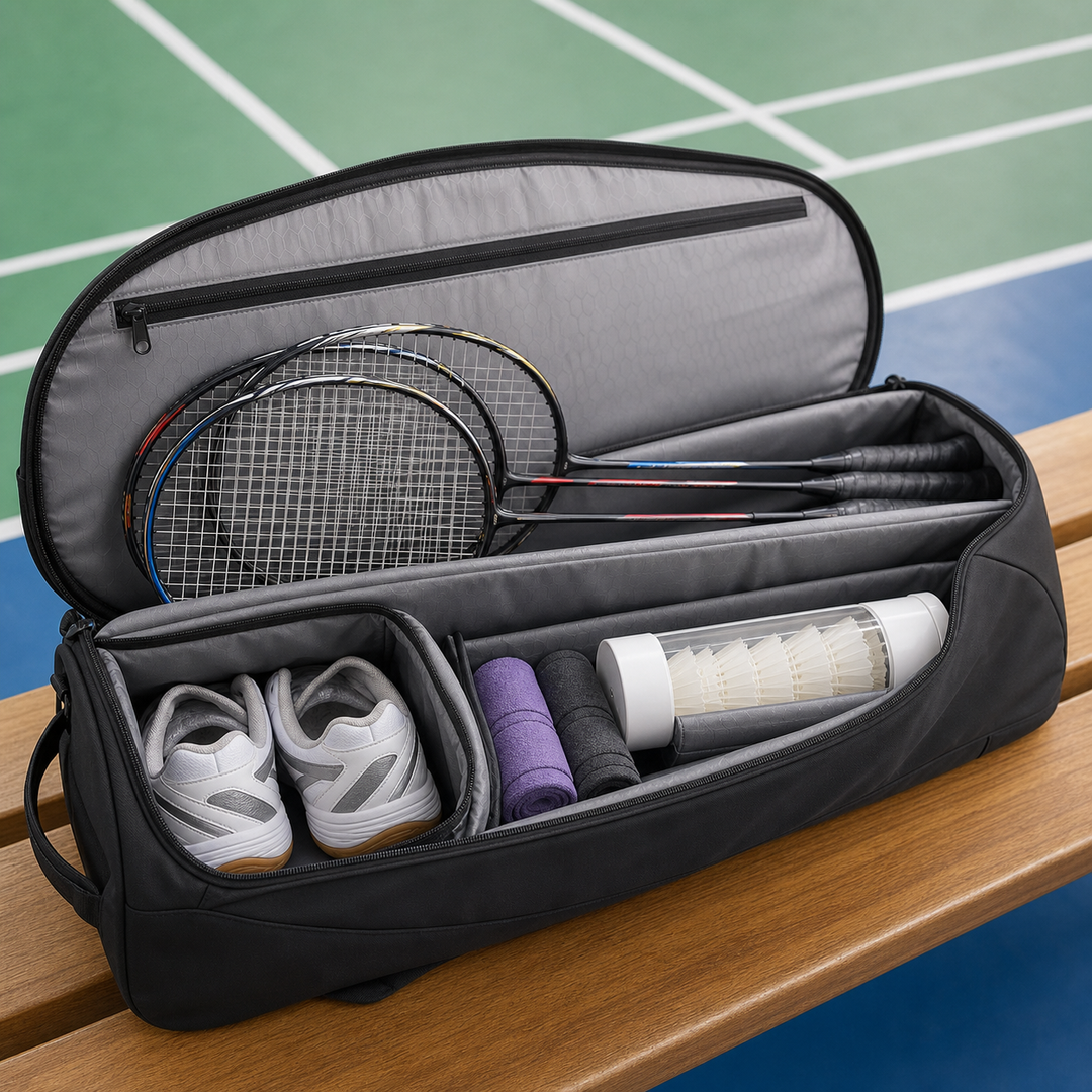 Badminton racket bag compartments with rackets shoes grips and shuttlecocks