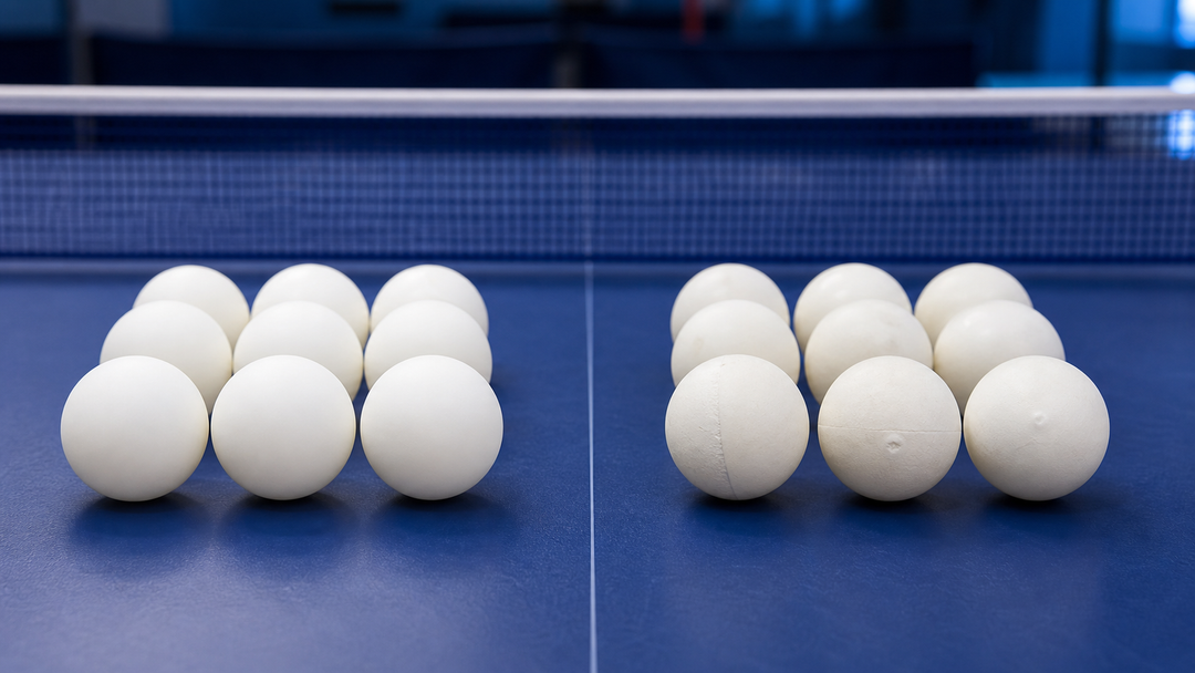 Table tennis 40 plus balls and training balls compared on a table