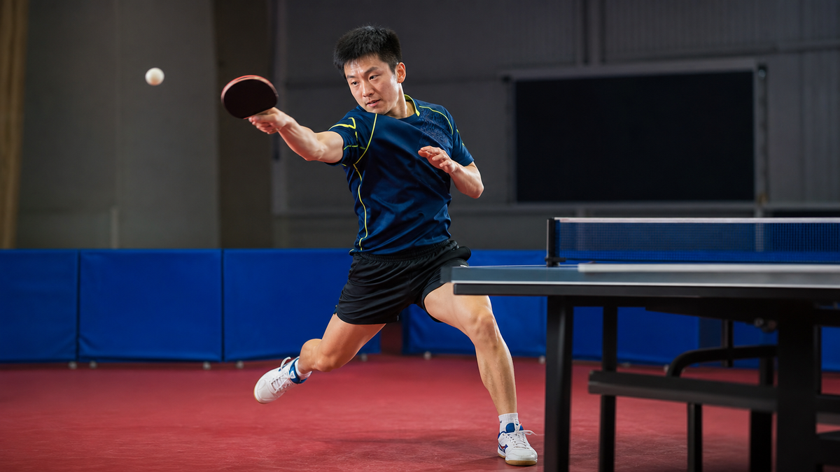 Table tennis player using legs and weight transfer for a forehand loop