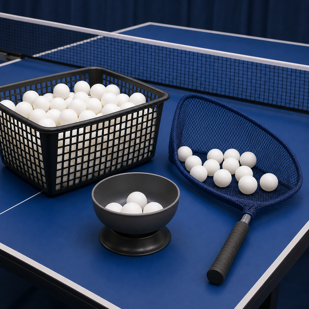 Table tennis multiball training basket pickup net and training balls on table