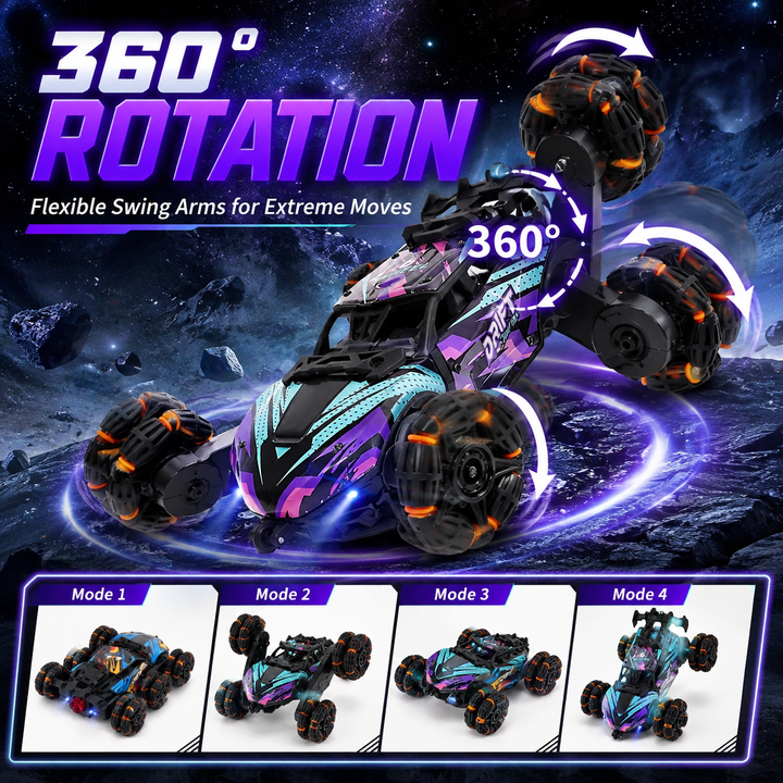 6‑Wheel Transform RC Stunt Car, 2.4G Remote Control Drift Car with Mist Spray LED Light, All‑Terrain Off‑Road Toy for Kids