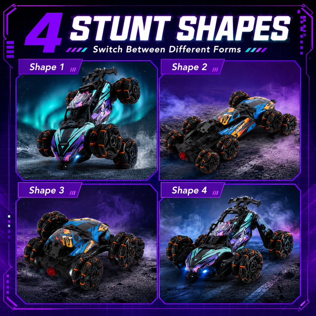 6‑Wheel Transform RC Stunt Car, 2.4G Remote Control Drift Car with Mist Spray LED Light, All‑Terrain Off‑Road Toy for Kids