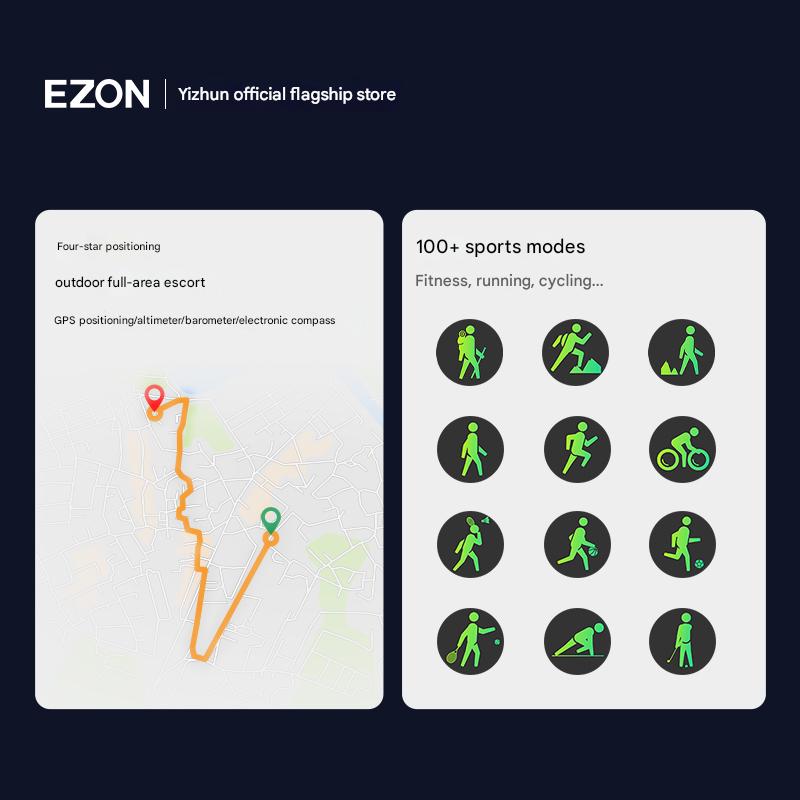 EZON Smartwatch Heart rate, Blood oxygen, Sleep health, GPS, Music payment, AI voice assistant, Fitness S9
