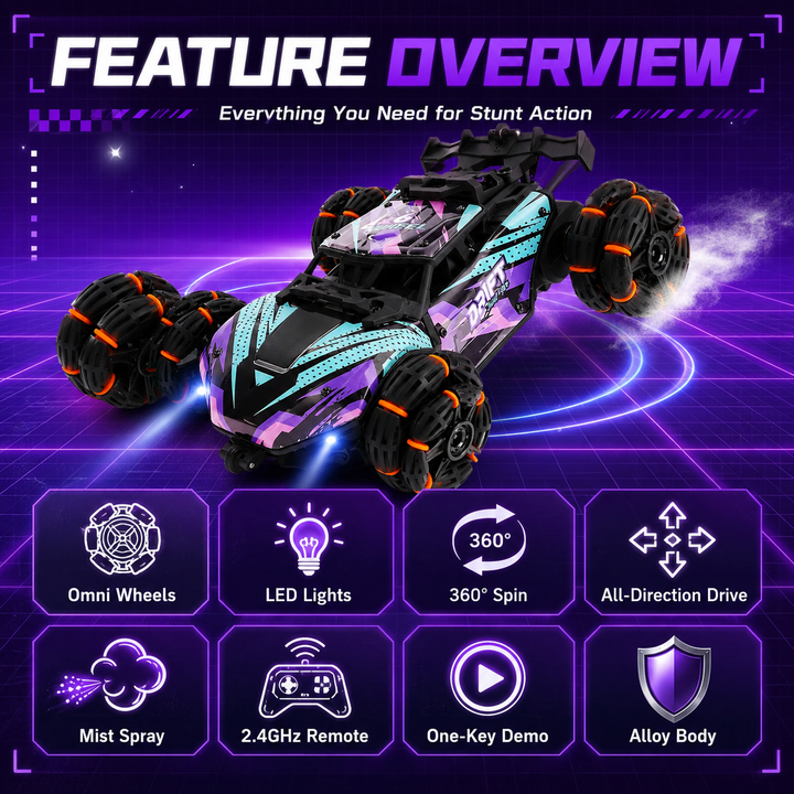 6‑Wheel Transform RC Stunt Car, 2.4G Remote Control Drift Car with Mist Spray LED Light, All‑Terrain Off‑Road Toy for Kids