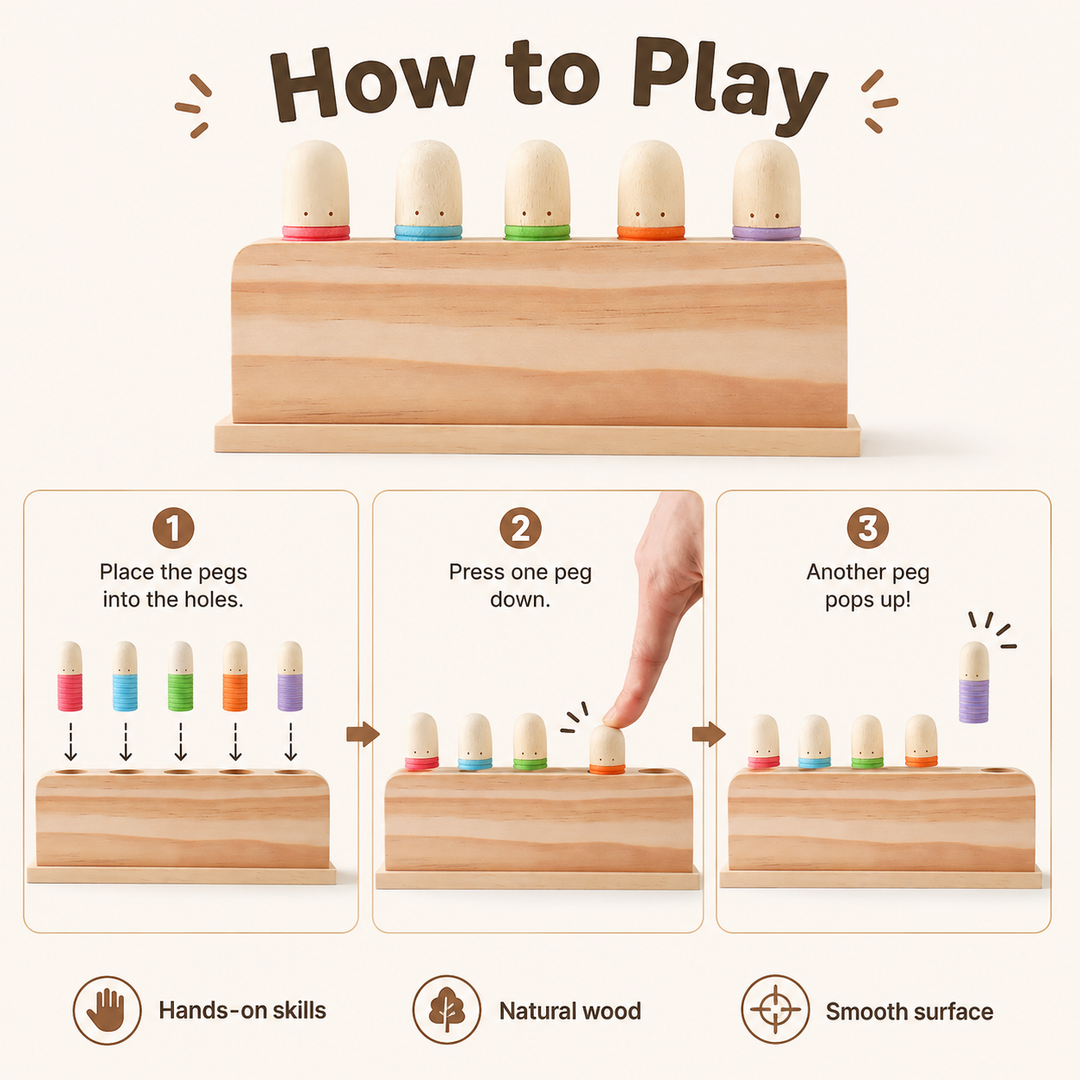 Wooden Pop‑Up Peg Montessori Toy, Fine Motor Skill Early Learning Sensory Toy for Toddlers
