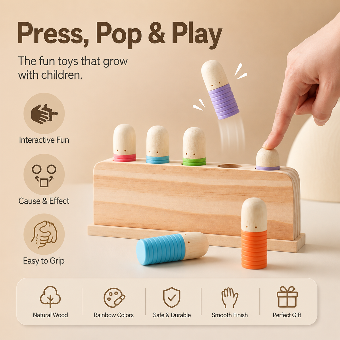 Wooden Pop‑Up Peg Montessori Toy, Fine Motor Skill Early Learning Sensory Toy for Toddlers