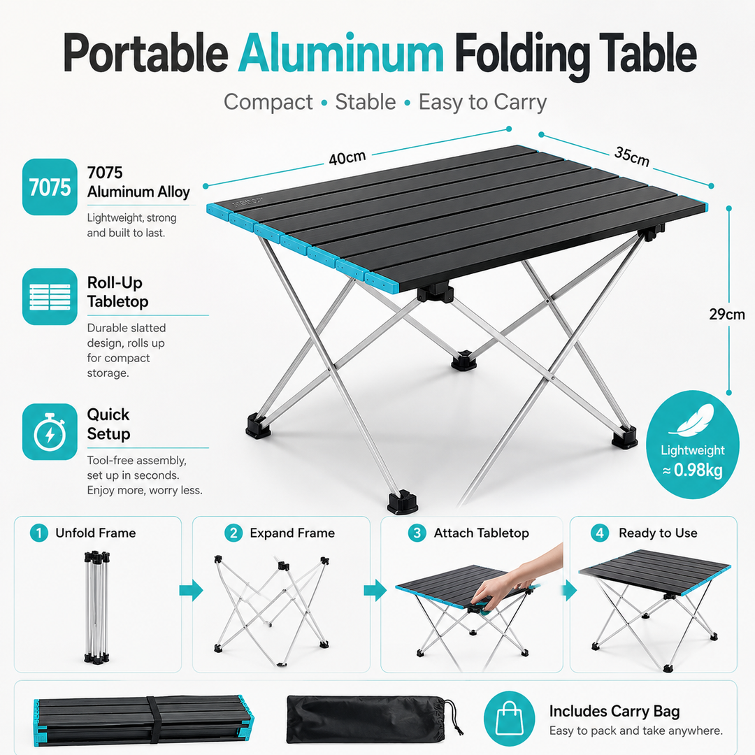 Portable Folding Camping Table, Lightweight Aluminum Roll‑Up Camp Table with Carry Bag, Small… – view 7