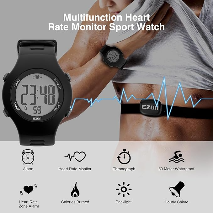 EZON  Heart Rate Monitor Watch & Chest Strap – Stopwatch, Chime, T037