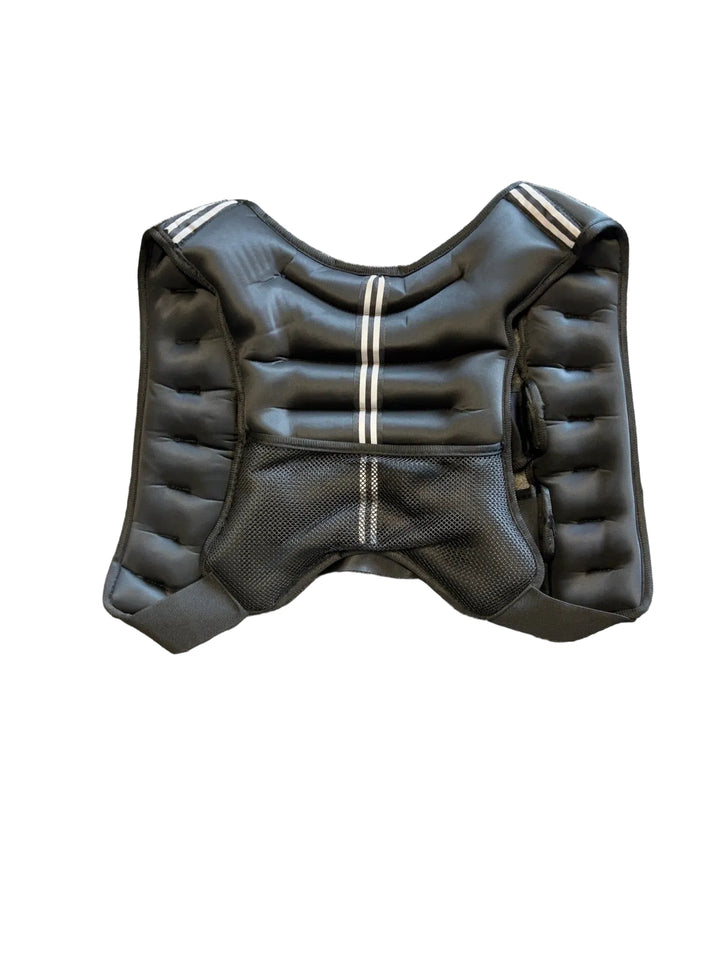 Back of black weighted vest showing mesh panel and reflective strips