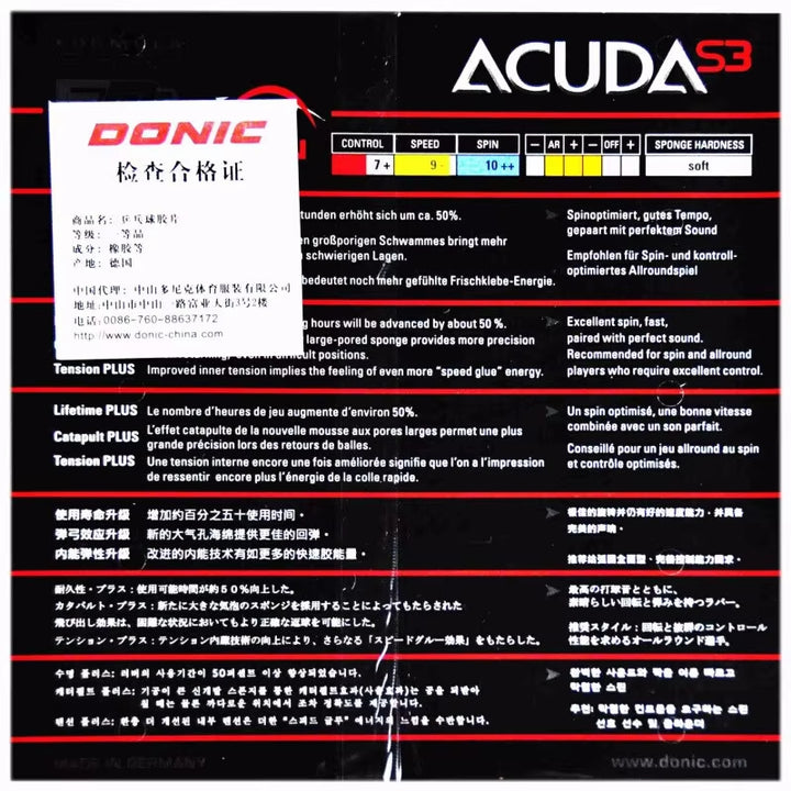 Donic Acuda S1 S2 S3 Table Tennis Rubber