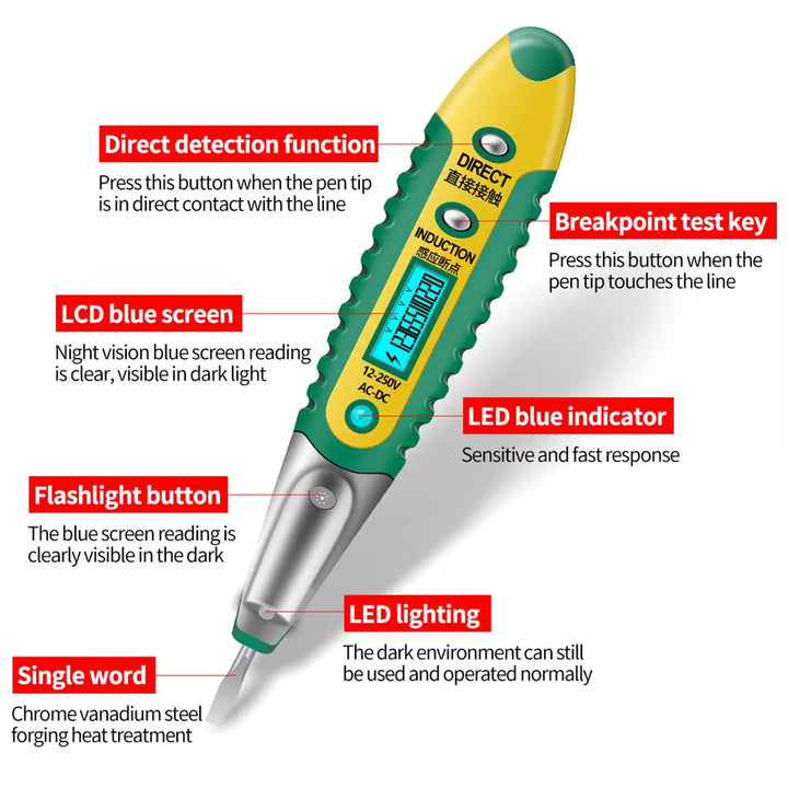 Digital Display Multifunctional Non-contact Test Pencil AC/DC 12-250V