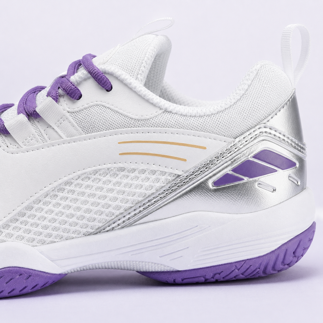 Kawasaki K1B51-B3326 White Purple badminton shoes side profile with breathable mesh upper
