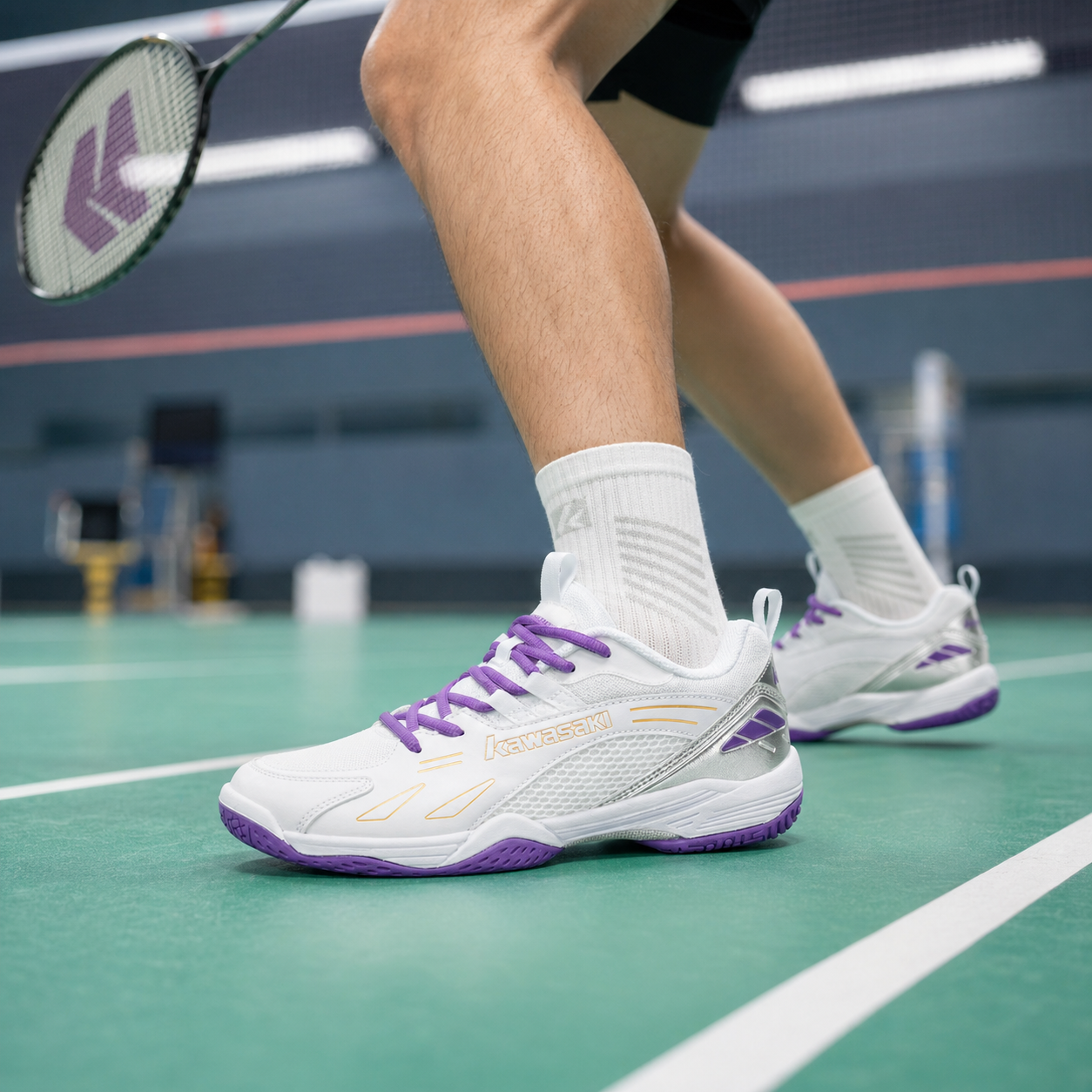 Kawasaki K1B51-B3326 White Purple badminton shoes indoor badminton court lifestyle image