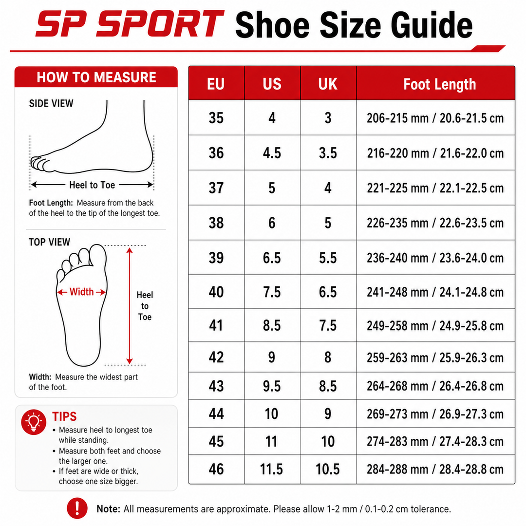 SP SPORT shoe size guide for badminton shoes with EU US UK centimetre inch and millimetre conversion chart