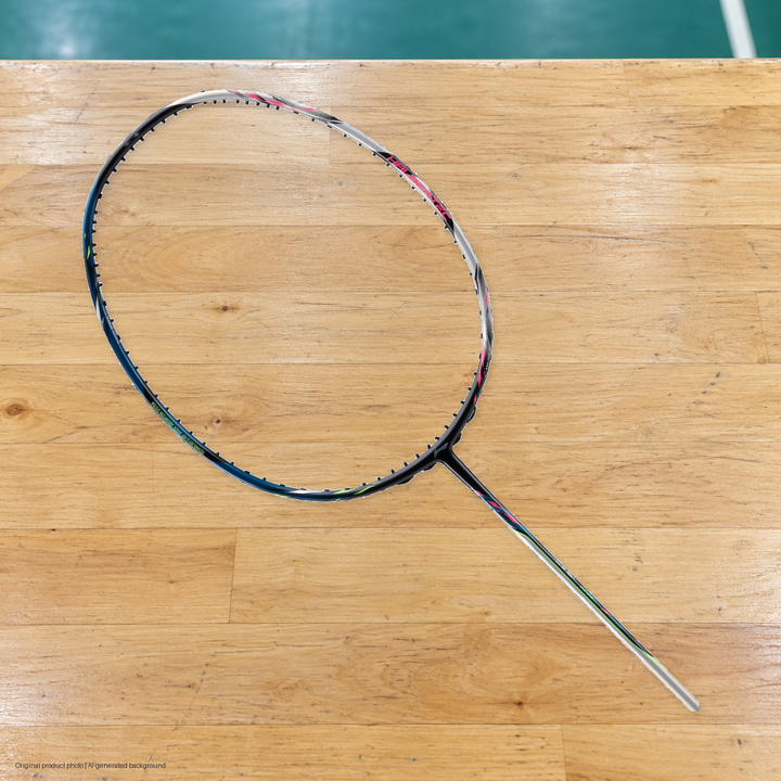 Li-Ning Halbertec 9000 Power Badminton Racket - original product photo with AI-generated background (pixel composite 20261022)
