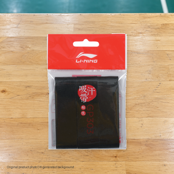Li-Ning GP303 Badminton Overgrip - 3-Pack - original product photo with AI-generated background (pixel composite 20261022)