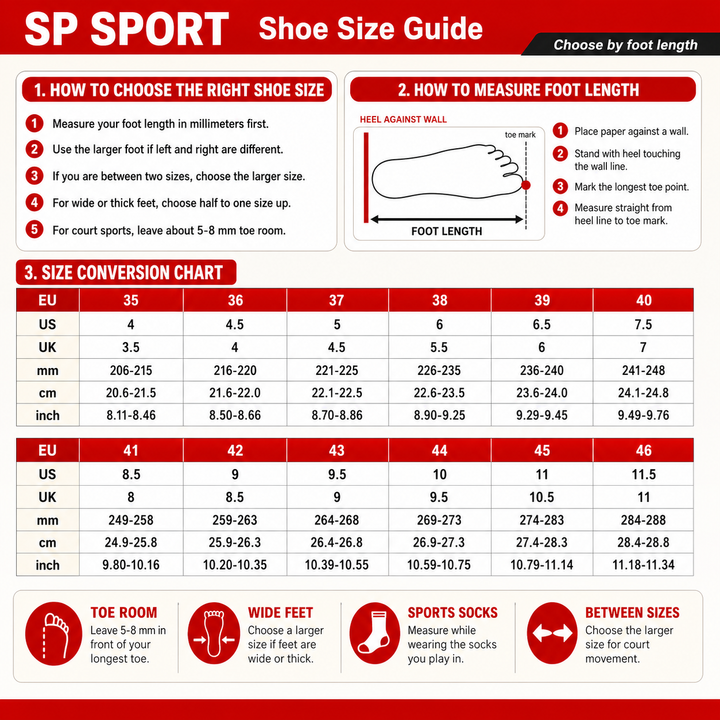 SP SPORT shoe size guide with EU US UK mm cm inch conversion chart